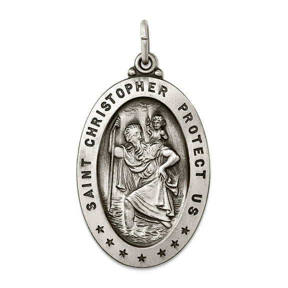925 Sterling Silver Solid Satin Oxidized Engravable (back only) St. Christopher Medal Charm 40x20mm Wide Pendant Necklac