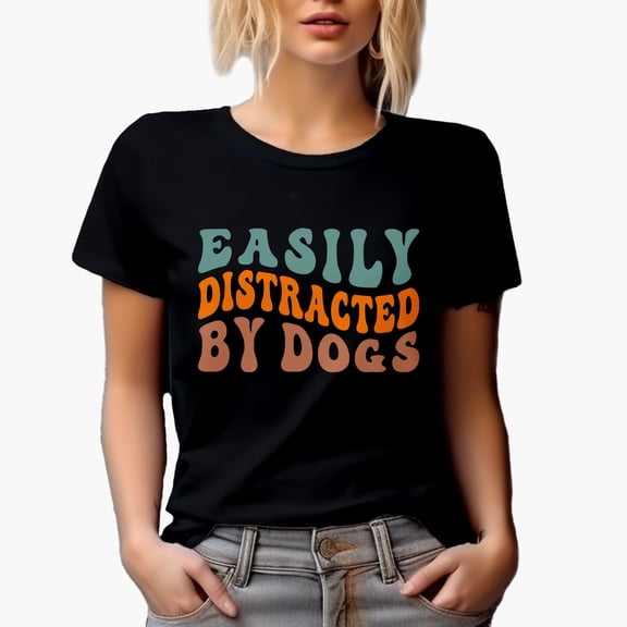 Easily Distracted by Dogs, Dog Lovers Themed, Groovy Retro Wavy Text Merch Gift, Black T-Shirt, Small