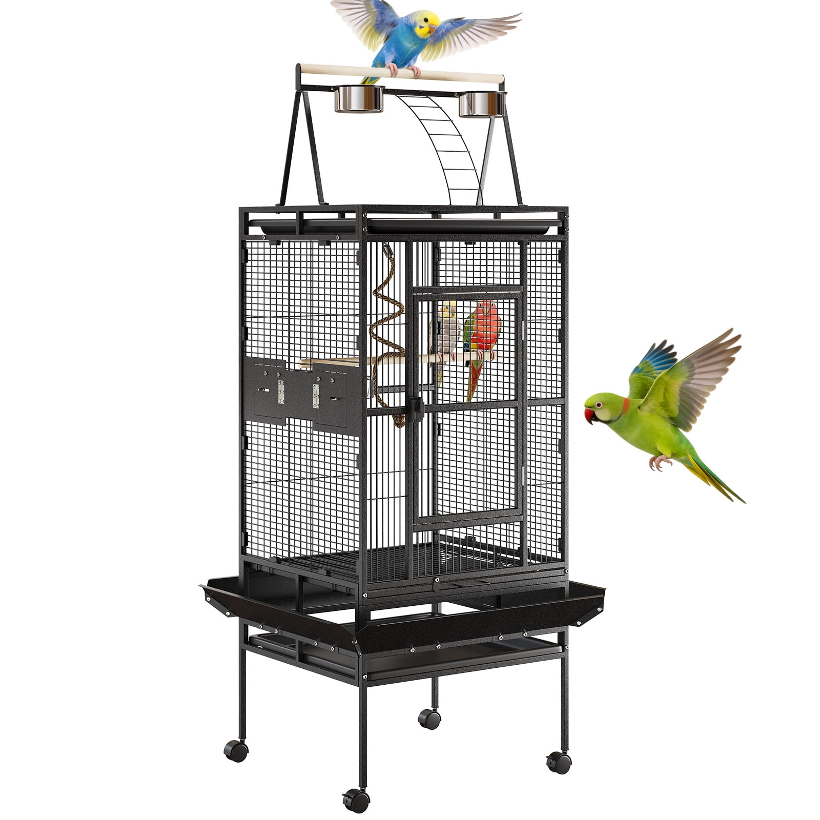 Spacious 67-Inch Wrought Iron Parrot Bird Cage with Playtop – Secure Home for Cockatiels, Conures, Parakeets, Lovebirds, Canaries – Durable, Easy-Clean Tray, Rolling Stand, Color: Black