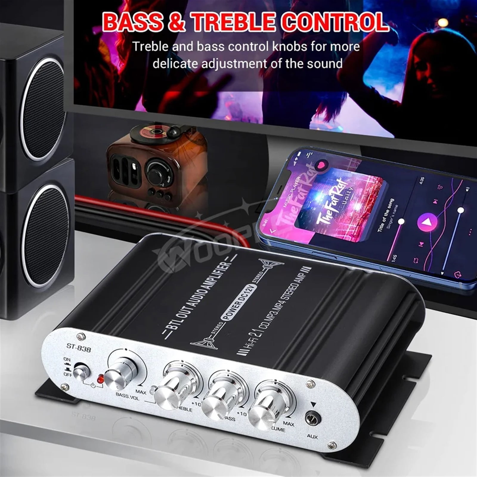 Amplifier ST-838 2.1 Channel Subwoofer Stereo Bass Amp RMS 20Wx2+40W Class D Mini Amplifiers Media Player ,High Sound
