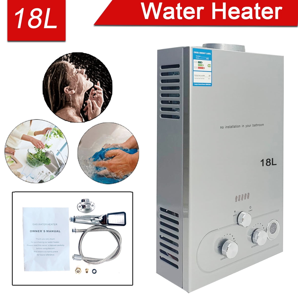 SUDEG 18L Water Heater Instant Gas Hot Water Heater Bathroom With