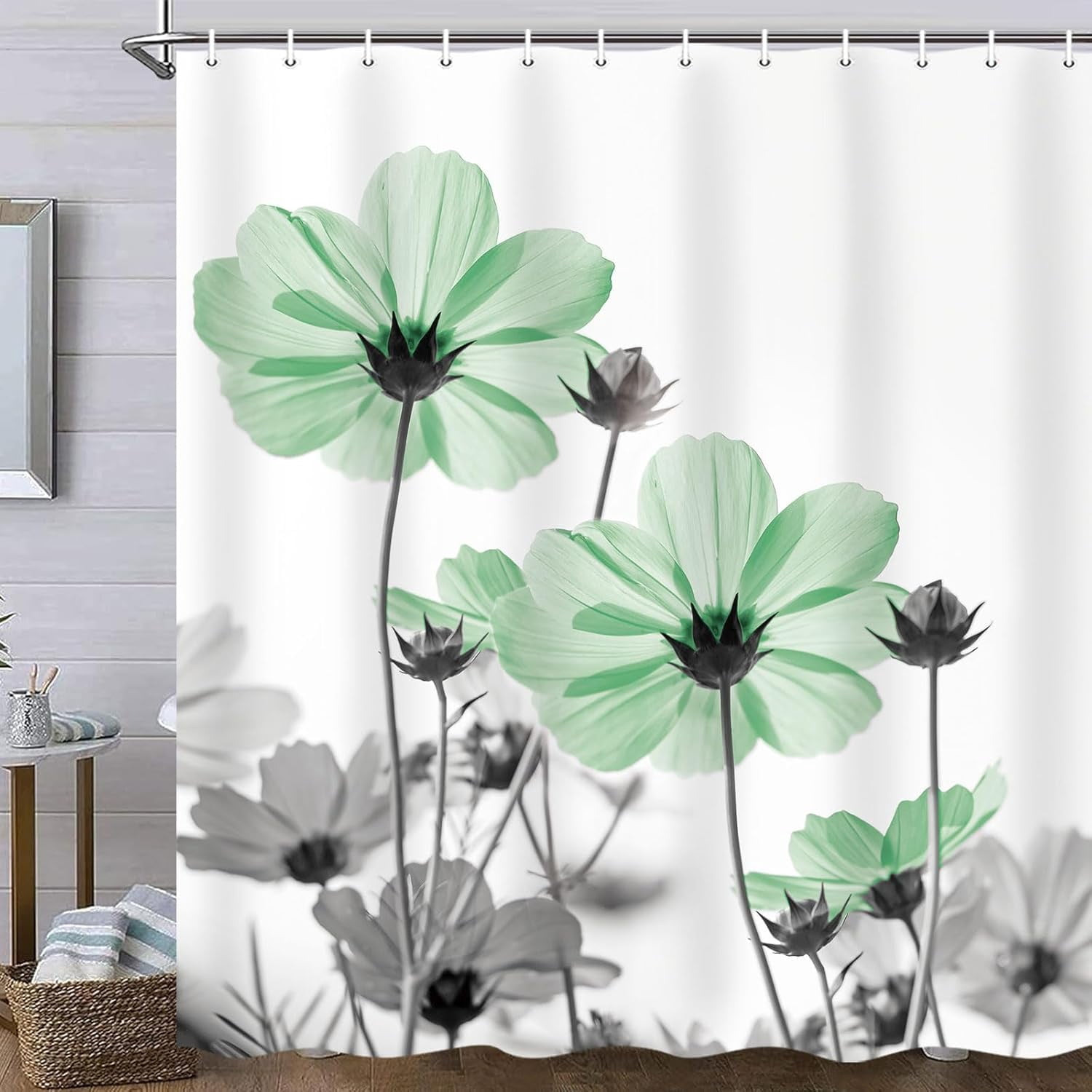 Watercolor Floral Shower Curtain, Sage Green Flower Shower Curtains for Bathroom, Modern Minimalist White Grey Rustic Farmhouse Fabric Shower Curtain Set with Hooks, 72X72in