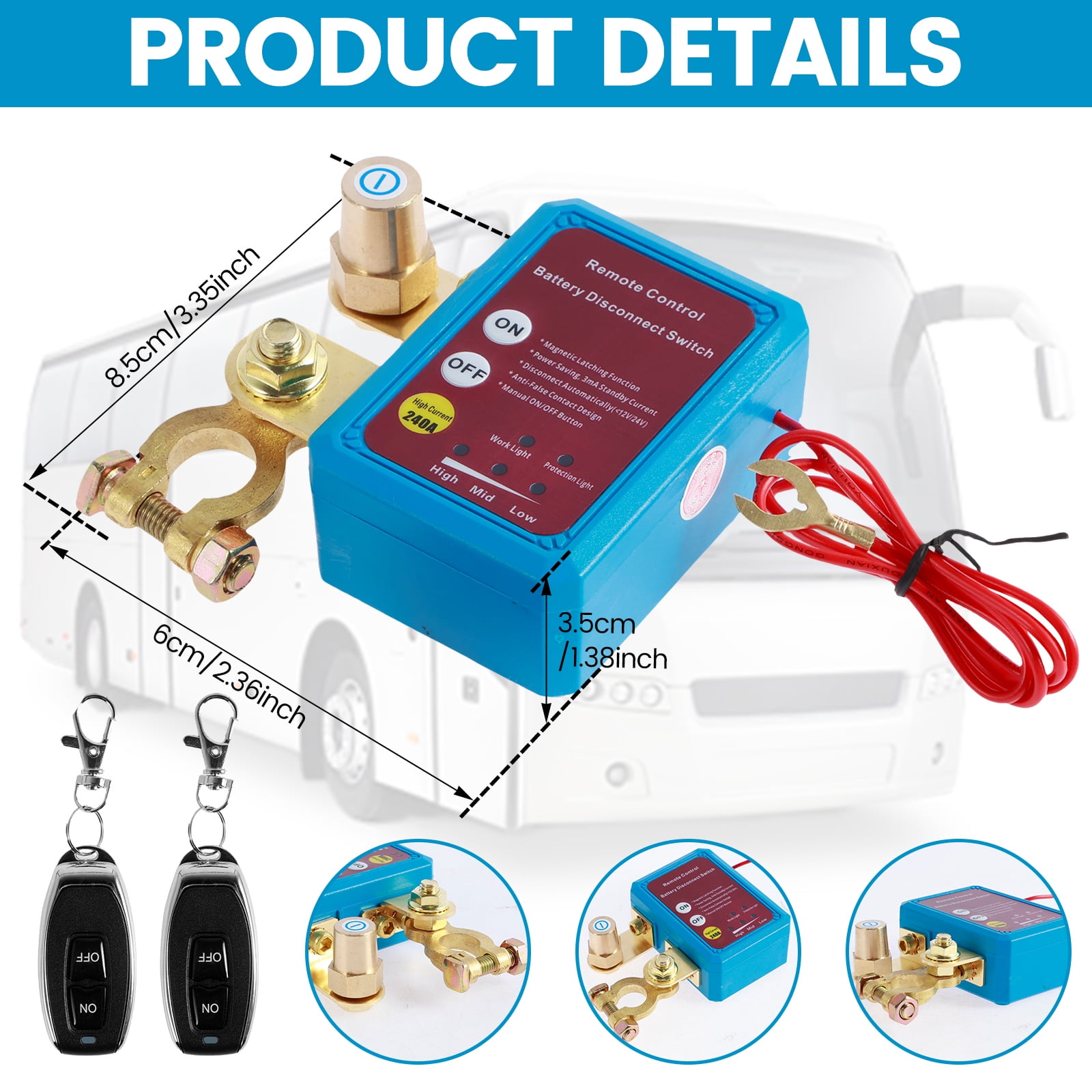 OKYMOTOR Remote Battery Disconnect Switch 12V 240A,Upgrade Smart Voltage Kill Switch Anti Theft Car Battery Cut Off Switch Remote Battery Kill Switch for Car RV Boat Truck