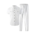 thumbnail image 5 of Mens 2 Piece Linen Set Summer Beach Button Down Short Sleeve Work Shirt Long Pant Vacation Casual Outfit Size 3XL White, 5 of 6