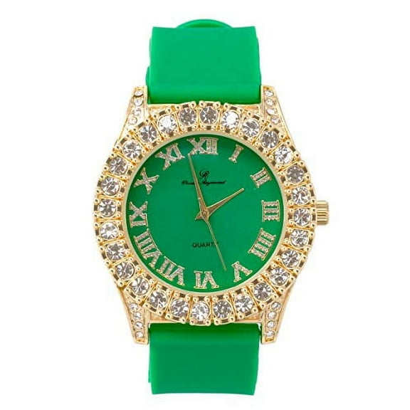 Mens Silver Big Rocks with Roman Numerals Fully Iced Out Colorful Dial Watch - ST10327 RN Single (ST10357 Gold Green)