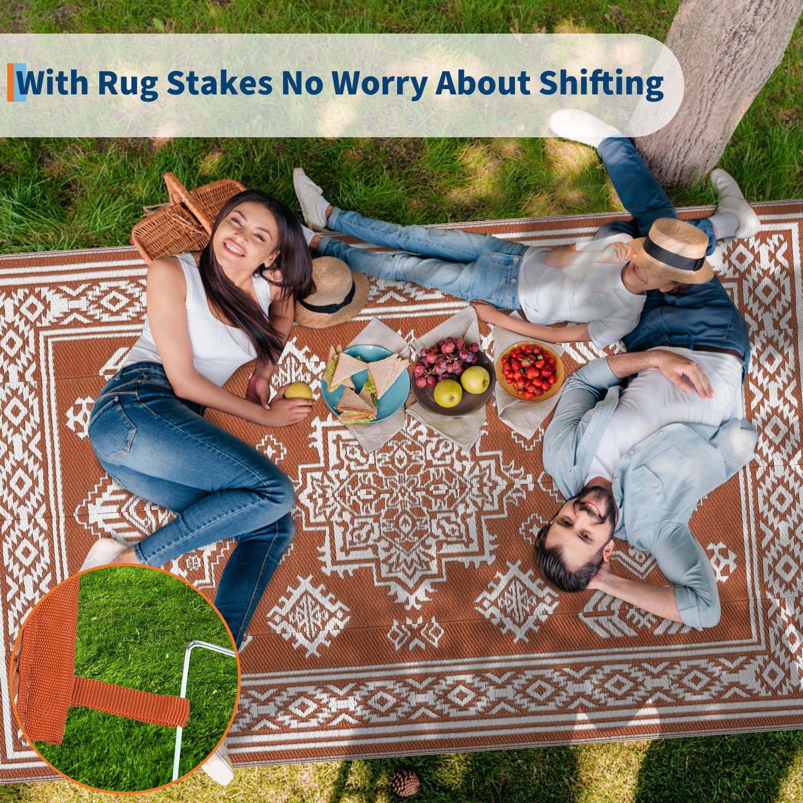 Nanan 9'x18' Indoor Outdoor Rug Boho Waterproof Plastic Straw Patio Rug, Reversible RV Camping Carpet for Backyard, RV, Deck, Porch, Balcony, Orange
