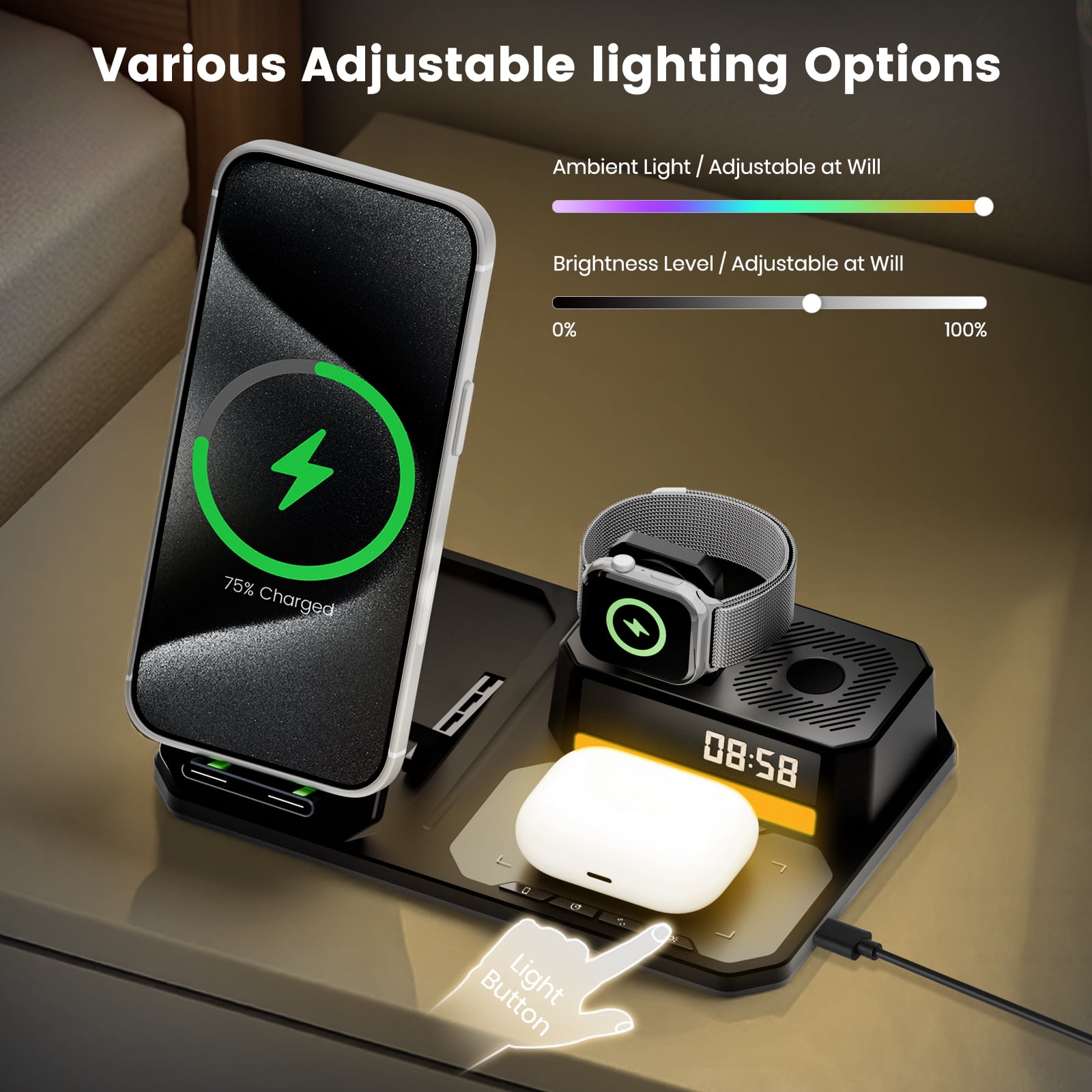 Wireless Charger for iPhone 17 16 15 14 13 12, 6 in 1 Charging Station for iWatch Series, for AirPods 4 3 2, with Clock, Bluetooth, Ambient Light