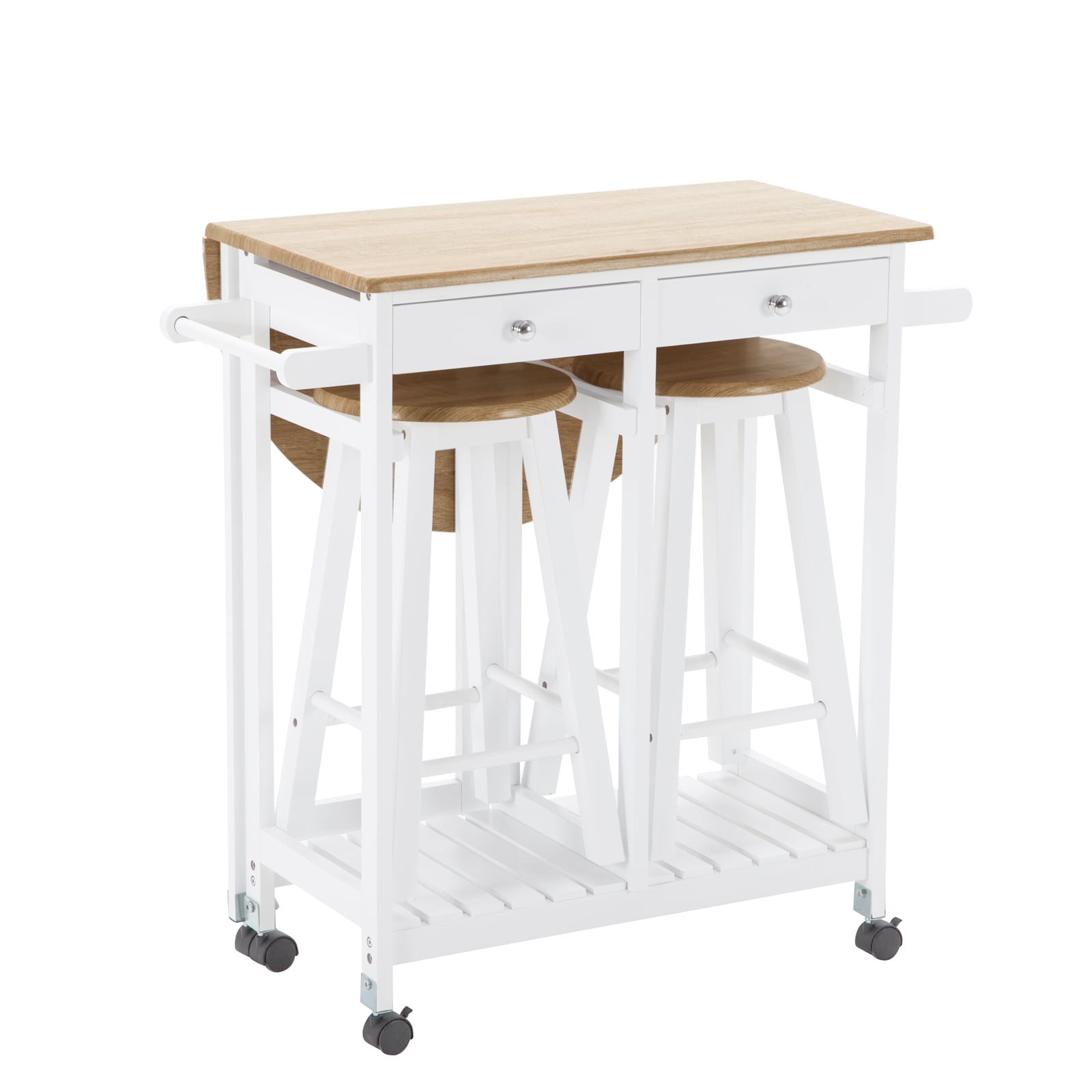 Uenjoy Oak Kitchen Island Cart Trolley Storage Dining Table 2 Bar Stools Drawers