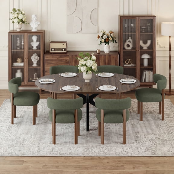 EOP 7-Piece Dining Set with Expandable 43″- 59″ Dining Table and 6 Upholstered Chairs for Small Spaces Small Home Kitchen Apartment, Walnut Table with Green Chairs
