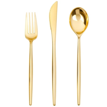 SUT 150PCS Gold Plastic Silverware, Plastic Utensils,Gold Silverware Disposable,Disposable Utensils Heavy Duty,Plastic Cutlery Set,Includes:50 Knives, Forks and Spoons for Party, Birthday,Wedding