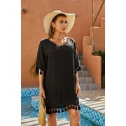 LIORA Womens Swimsuit Cover Up Knit Crochet Short Sleeve Bathing Suit Cover Up for Swimwear, Black