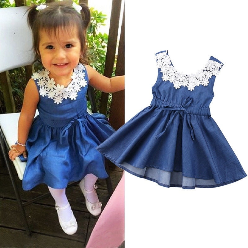 New Toddler Dress Fashion Kids Baby Girls Clothes Lace Floral Denim