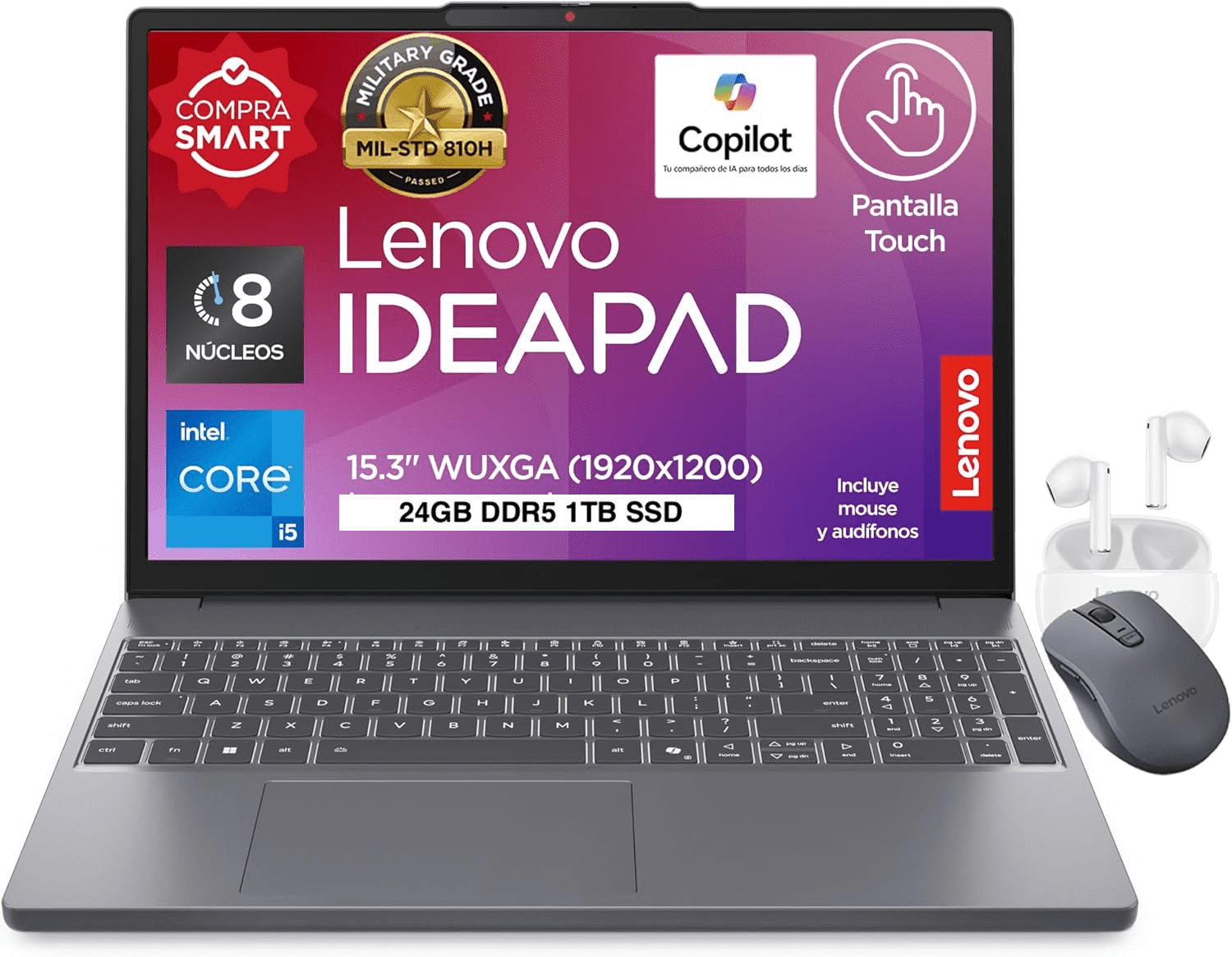 Laptop Lenovo IdeaPad Slim 3 15IRH10 15.3” WUXGA IPS Touch, Intel Core i5-13420H 24GB DDR5 1TB SSD Wi-Fi 6 Windows 11 (Español) Luna Grey + Audífonos E310 + Mouse WL310