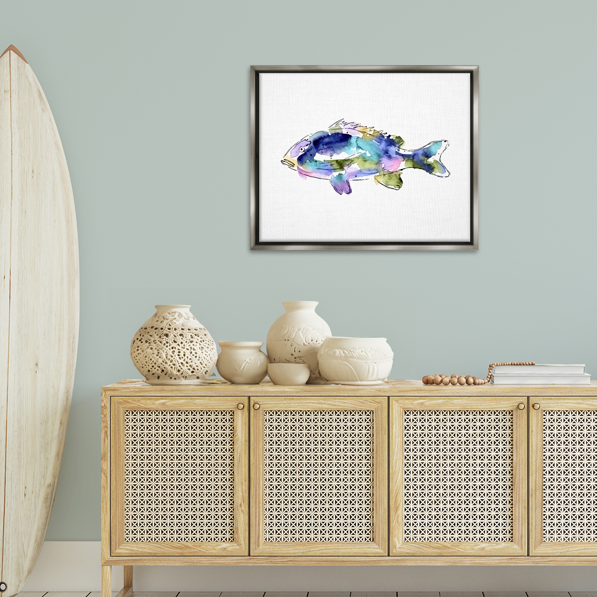 Stupell Industries Watercolor Style Fish Animals & Insects Painting Gray Floater Framed Canvas Art Print Wall Art, 31 x 25