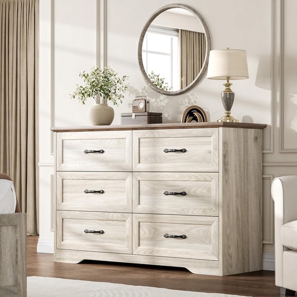 Ourlova Commode à 6 Tiroirs pour Chambre, Commode avec Grand Poignée en Métal, Commode Moderne Style Ferme en Bois, Organisateur de Rangement à Texture Naturelle pour Chambre, Salon, Pièce Beige