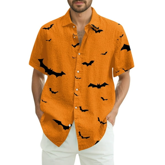 LHVUOA Halloween Shirts for Men Button Down Short Sleeve Casual Loose Fit Tops Funny Novelty Holiday Shirts