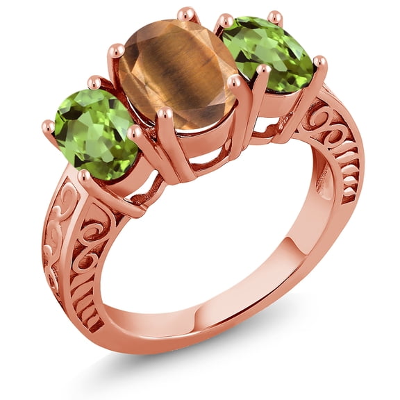 Gem Stone King 3.30 Ct Oval Brown Tiger Eye Green Peridot 18K Rose Gold Plated Silver Ring (Size 5)