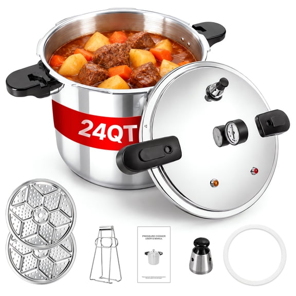 24Qt (23L) Pressure Canner and Cooker Featuring Pressure Gauge, 15 PSI Safety Relief Valve, Replacement Sealing Ring and Locking Clips