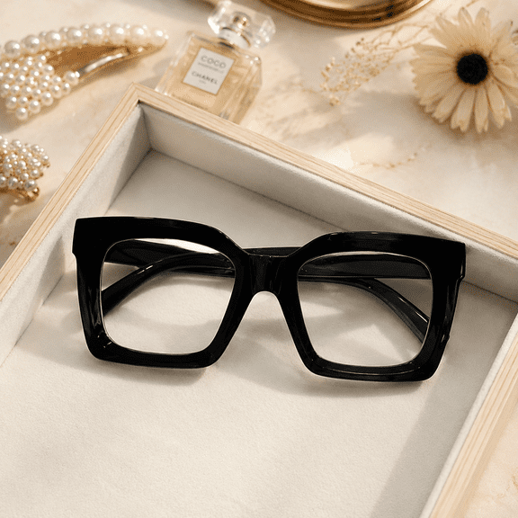 Black Oversized Square Non-Prescription Glasses for Everyday Style