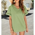 thumbnail image 2 of Lu's Chic Women's V Neck Shirt Short Sleeve Top Cotton Casual Summer Basic Loose Soft High Low Tshirt Olive 14, 2 of 4