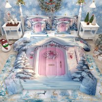 Manfei Pink Cabin Door 7 Pieces Bedding Comforter Set for Kids, Kawaii Dreamy Fairy Tale Full Bedding Set, Winter Christmas Reversible Fitted Sheet Flat Sheet, Lightweight Room Decor