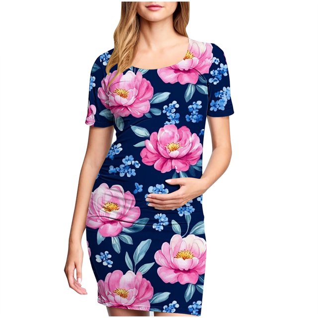 Taqqpue Robe de Maternité pour Femmes à Manches Courtes, Col Rond, Moulante, Invitée de Mariage, Grossesse, Imprimée, Ajustée, Extensible, Vêtements de Maternité, Été, Bohème, Séance Photo de Baby Shower