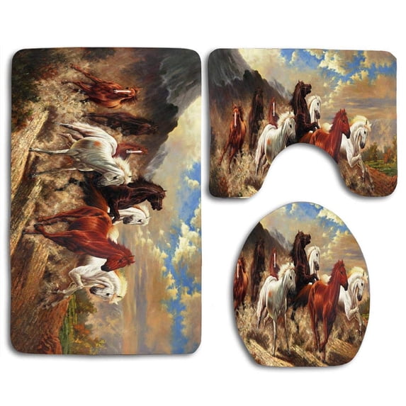 GOHAO Printed Abstract Running Horses 3 Piece Bathroom Rugs Set Bath Rug Contour Mat and Toilet Lid Cover