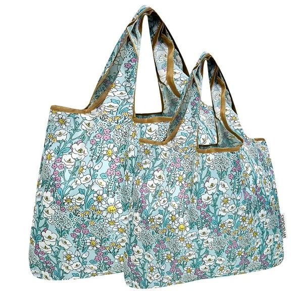 Wrapables Large & Small Foldable Tote Nylon Reusable Grocery Bags, Set of 2, Spring Flora
