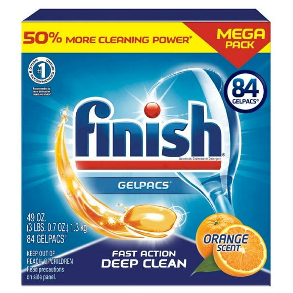 Finish Gelpacs 84ct, Action Rapide, Nettoyage en Profondeur, Parfum Orange, Tablettes de Détergent pour Lave-Vaisselle