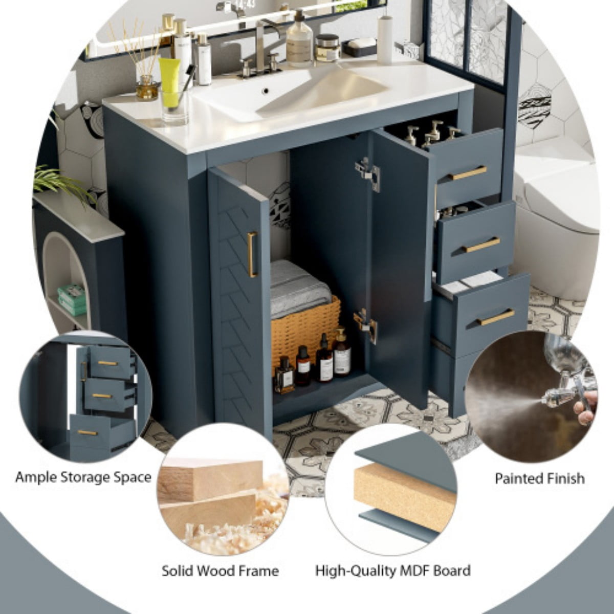 36" Bathroom Vanity with Ceramic Sink Combo, Freestanding Bathroom Vanity with 3 Drawers, 2 Doors, Solid Wood Frame, Blue