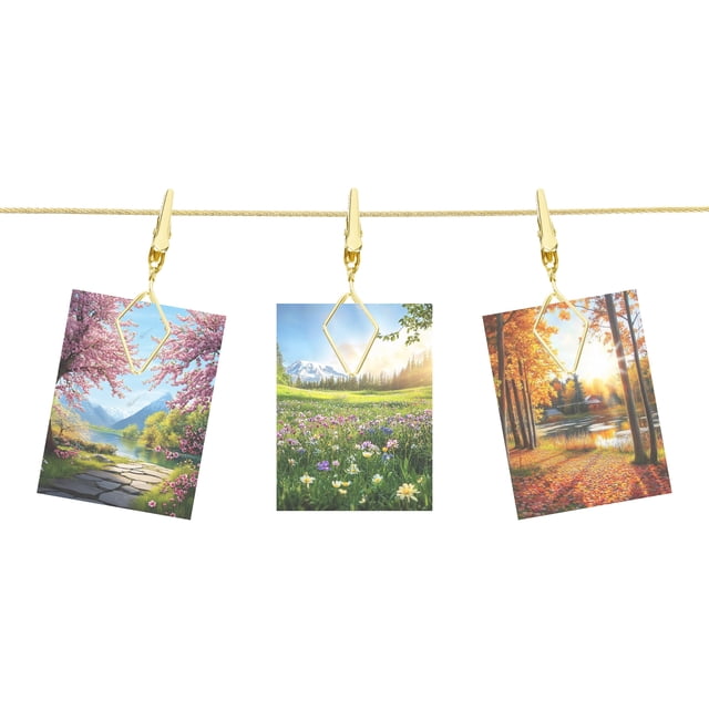Wall Hanging Photo Display Cable Wire Rod with 10 Rhombus Clips, 5Ft Hanging Picture Frames Collage Gold