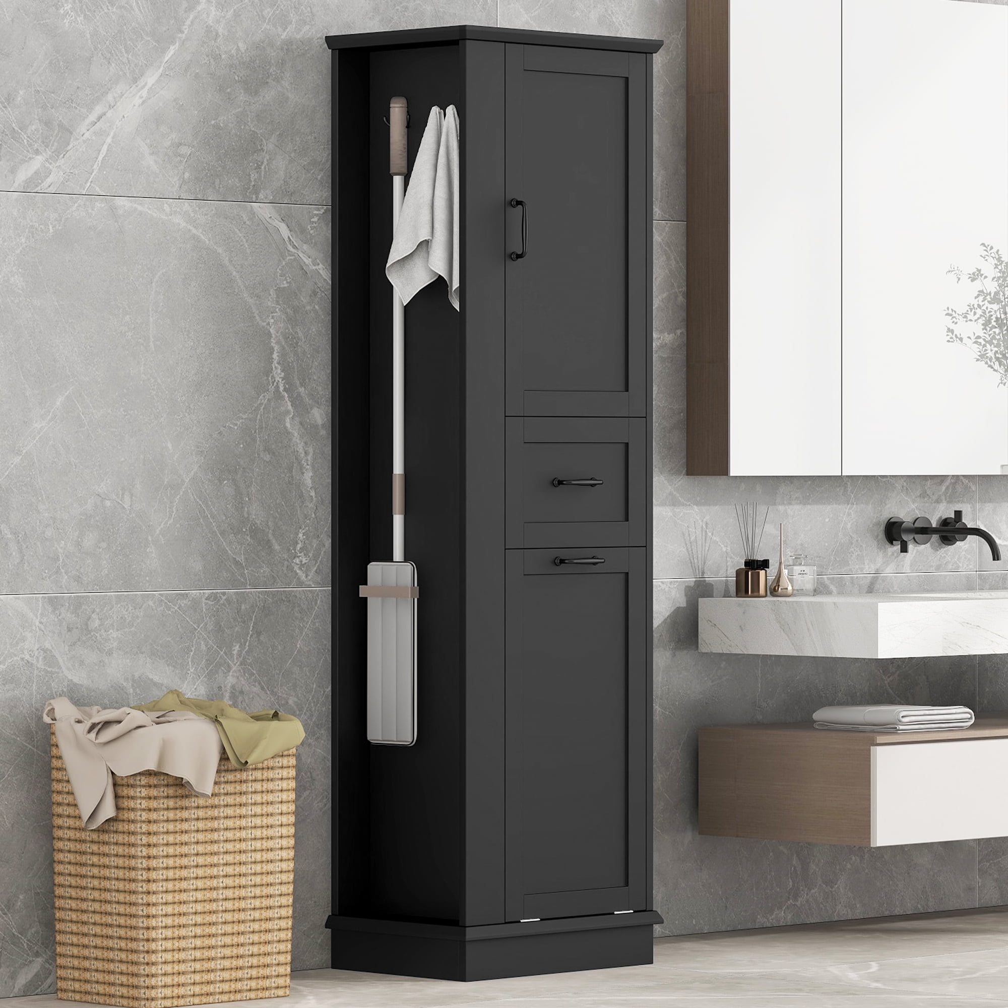 Euroco Modern Tall Storage Cabinet – Tilt-Out Compartment, Adjustable Shelves, 80LBS Capacity, Soft-Close Hinges, Aluminum Alloy Handles, Perfect for Bathroom & Home Organization