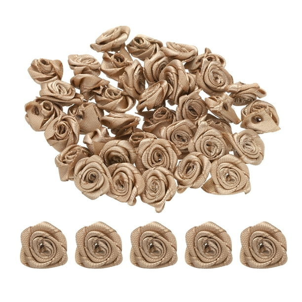 Uxcell 100Pcs 1.5cm Mini Rosas de Cinta para Manualidades Flores de Tela Artificial, Marrón Claro