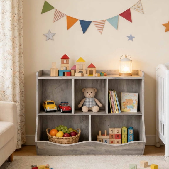 3-Tier Wooden Storage Organizer & Bookshelf - 5-Section Book Rack Daycare Furniture, Cabinet for Nursery, Playroom or Bedroom (36"L x 11.4"W x 31.5"H)