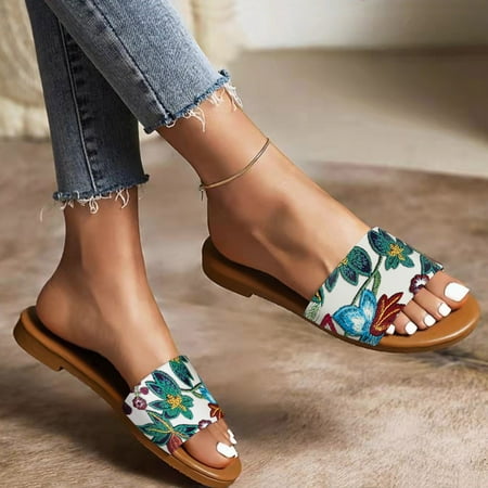 

Summer Slippers For Women Beach Accesseories Flip Flops For Women Ladies Summer Fashion Round Toe Ethnic Embroidery Print Flat Casual Slippers Swimming Pool Accessories Mens Women Slippers