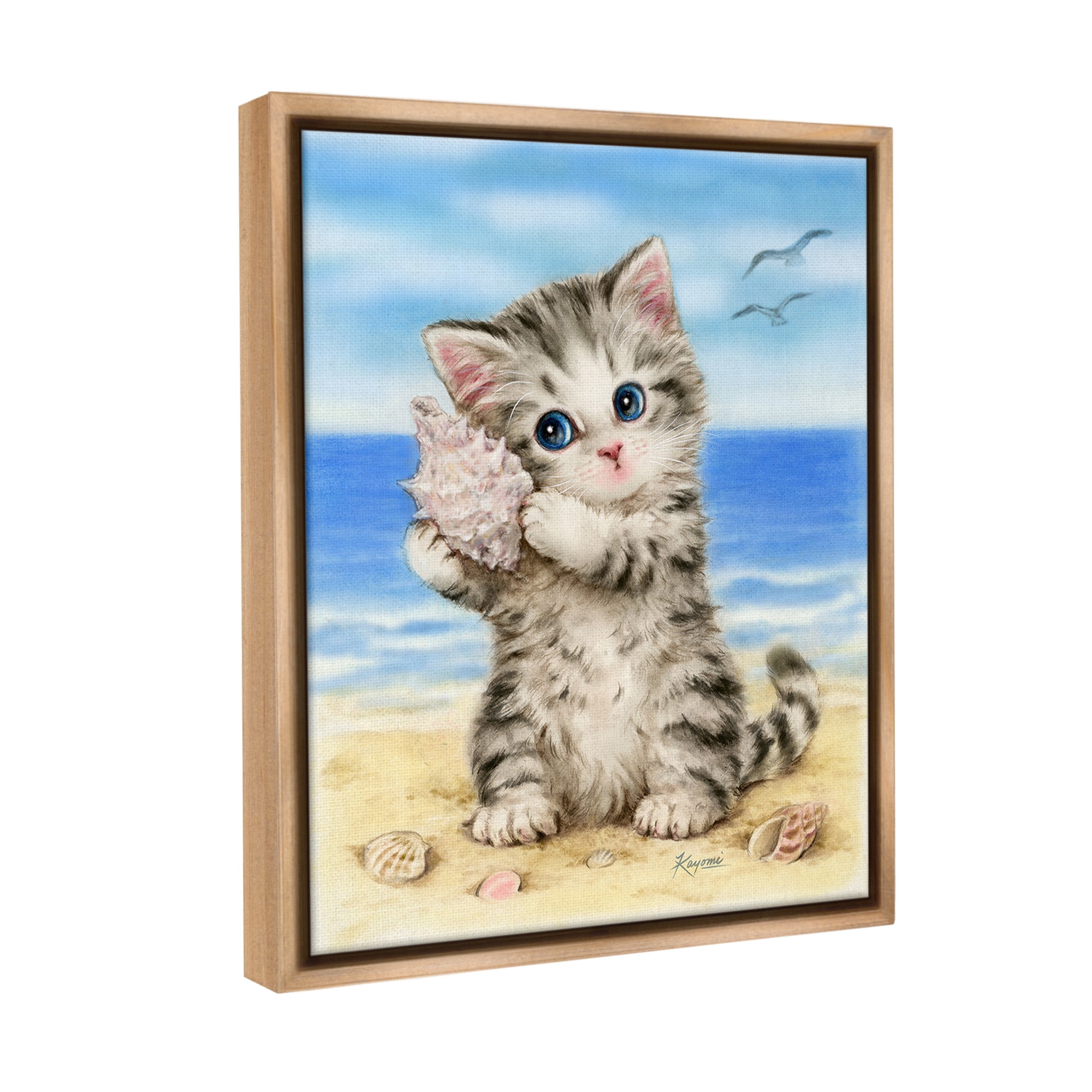 Stupell Industries Kitten with Conch Shell Animals & Insects Painting Brown Floater Framed Canvas Art Print Wall Art, 25 x 31