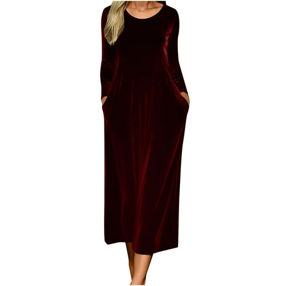 Ashirexll Winter Dress for Women, Long Sleeve Dress for Women, Solid Winter Round Long Sleeved Collar Velvet Gold Velvet Temperament Elegant Large Skirt Dress With Pocket