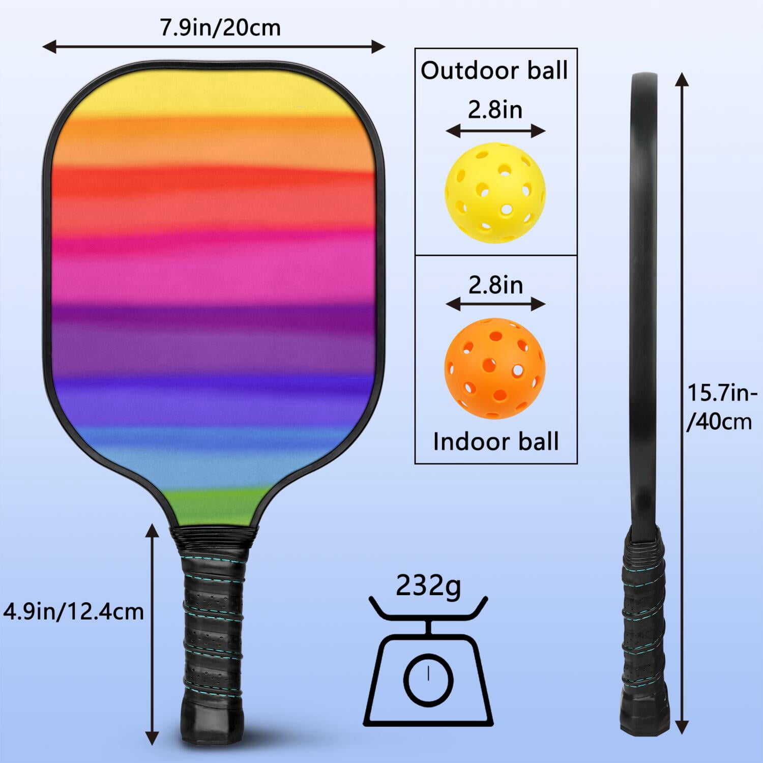 Pickleball Paddles Set Of 2, Fiberglass Surface, Vibrant Rainbow Print, 4 Balls & Bag