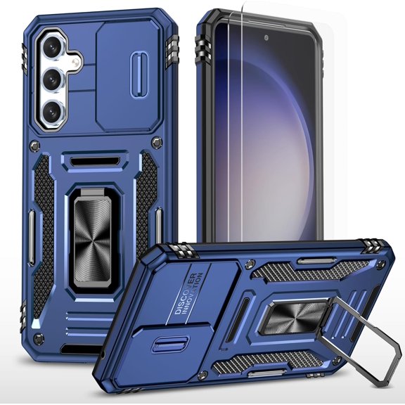 HCTian for Samsung Galaxy S23 FE Case with Slide Camera Cover Screen Protector(2 Packs), Rotated Ring Kickstand Military Grade Shockproof Protective Cover for Samsung Galaxy S23 FE