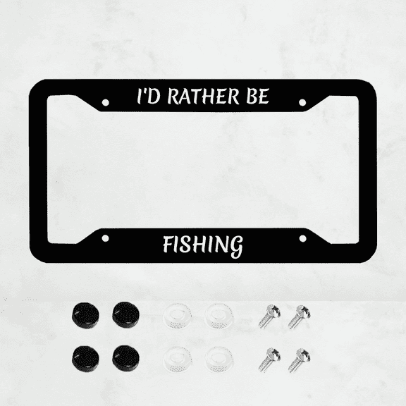 I'd Rather Be Fishing Aluminum Alloy License Plate Frame Fisherman White Black Applicable to US Standard Car Metal Car Tag Frame Funny Front License Plate Holder for Women Men(1 Pack)，12x6 Inch