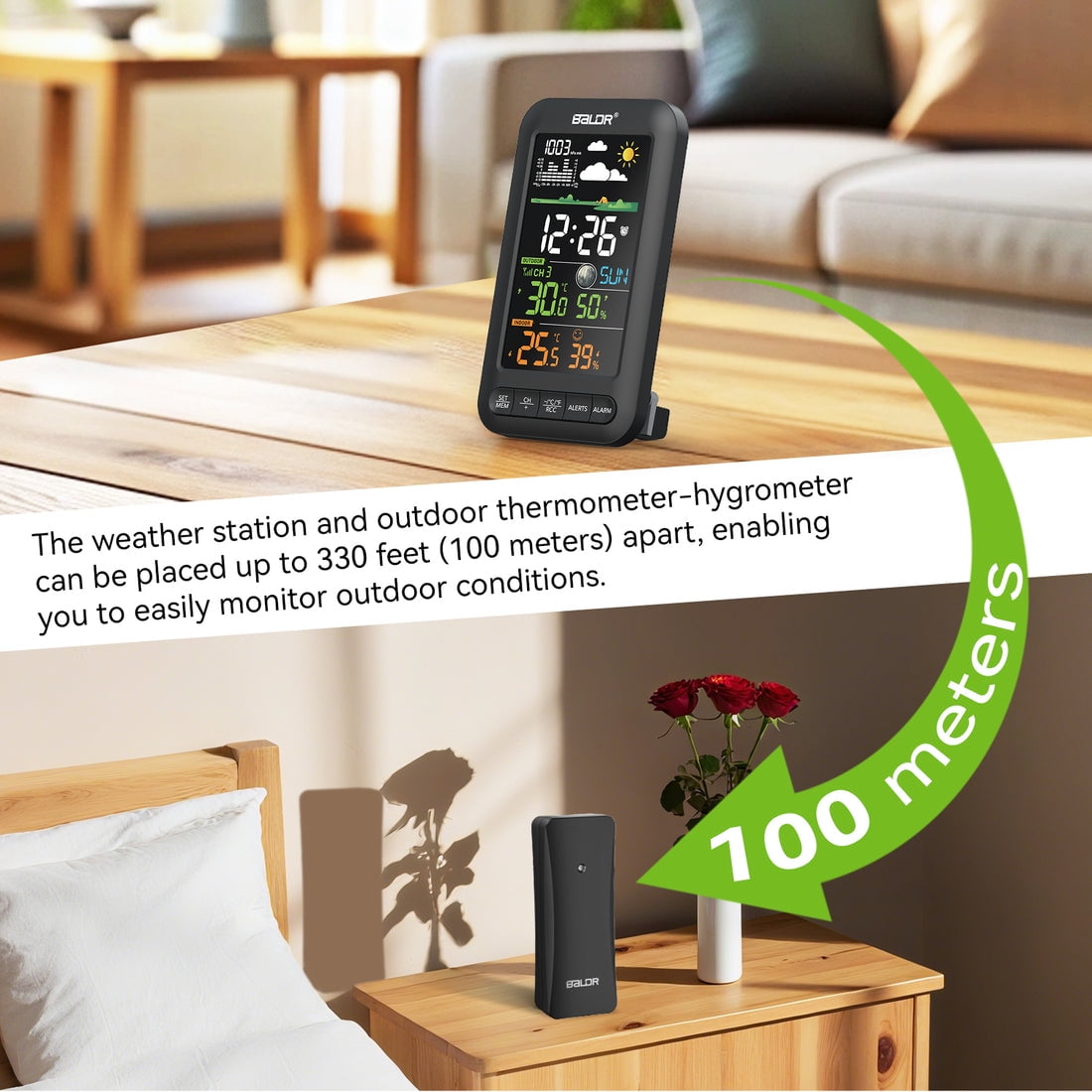 BALDR Wireless Weather Station with Large Clear Display, Indoor Outdoor Thermometer, Remote Sensor, Atomic Clock, Black