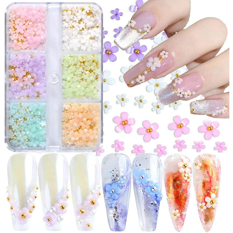 3D Flower Nail Art Charms, 6 Grids 3D Acrylic Nail Flowers Rhinestone Light  Change Pink White Blue Cherry Blossom Acrylic Spring Nail Art Supplies with  Pearls Manicure DIY Nail Decorations 