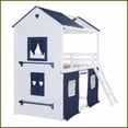 thumbnail image 6 of Twin Size Pine Wood & MDF Bunk House Bed with Windows, Sills & Tent, Blue+White - No Box Spring Needed, 6 of 21