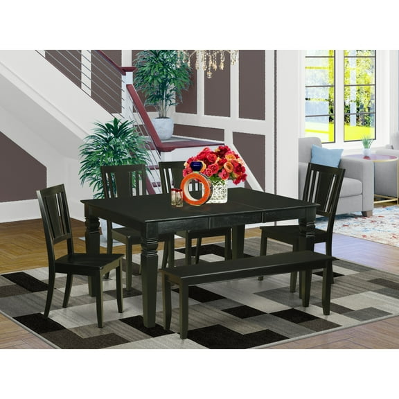 East West Furniture 6 Piece Dining Table Set- a Wooden Table and 4 Kitchen Chairs with a Bench, Black(Seat Type Options) WEDU6D-BLK-W