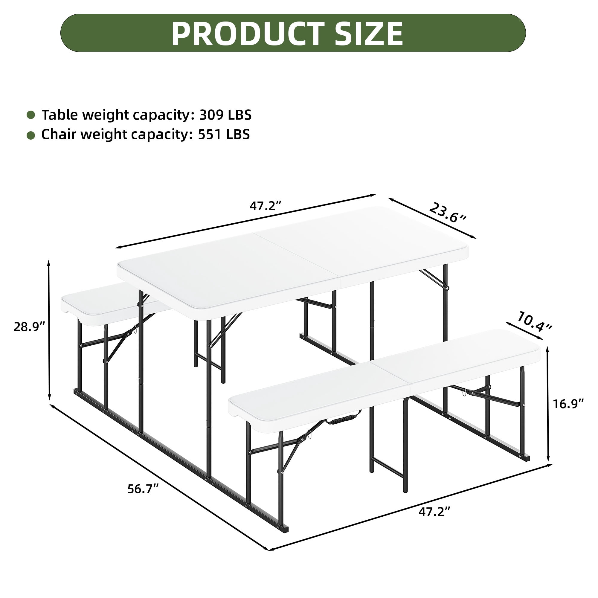 Uforic 4.5' Folding Picnic Table with Benches, HDPE Top & Iron Frame, Portable for Camping Backyard White