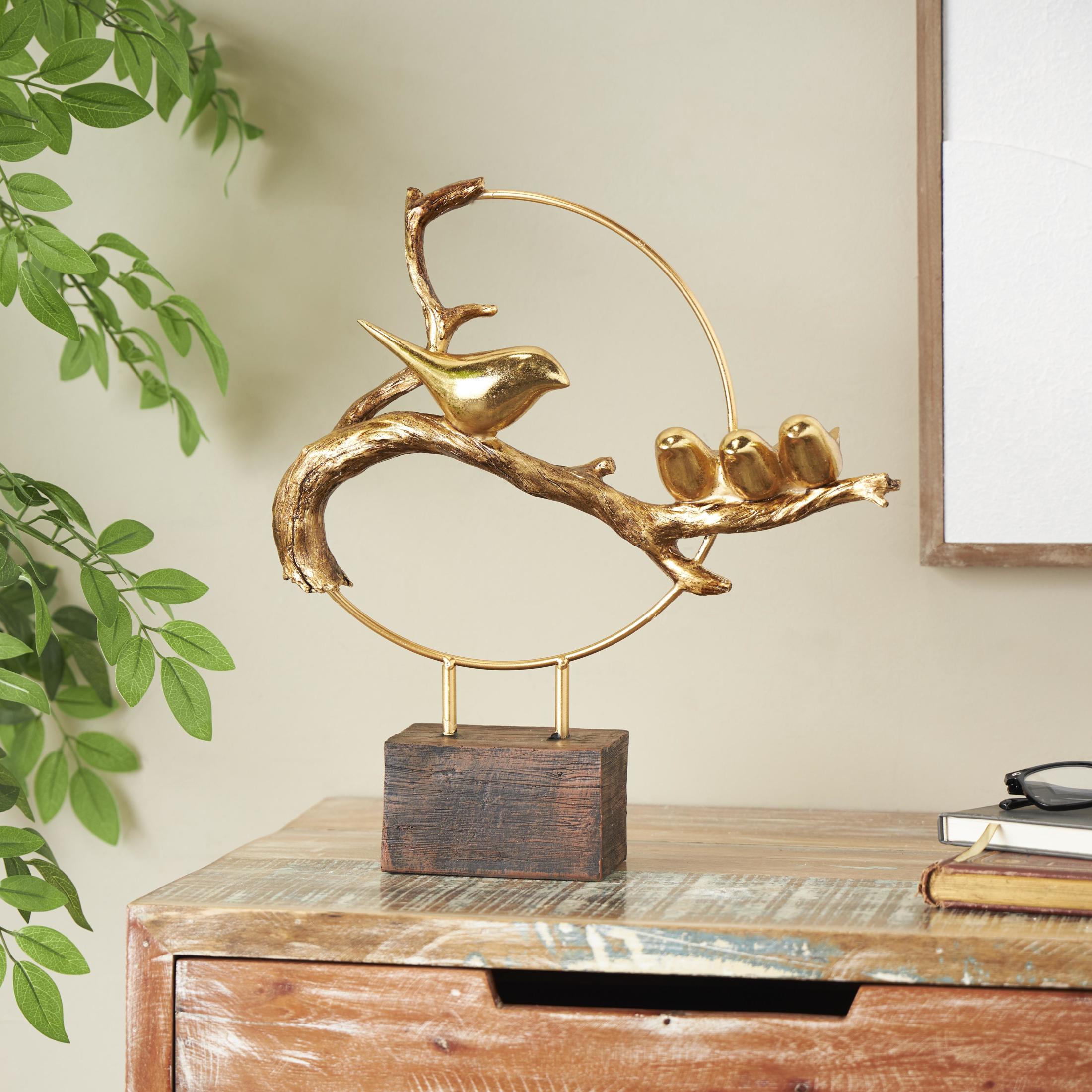 15" x 16" Gold Polystone Family On A Branch Bird Sculpture with Brown Block Base, by DecMode