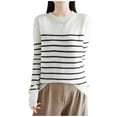 thumbnail image 3 of Women's Striped Long Sleeve Sweater Tops Blouses Crewneck Loose Fit Casual Work Office Vacation Outfits Fashion Essential Gift for Women | CSEONE,White XL, 3 of 8