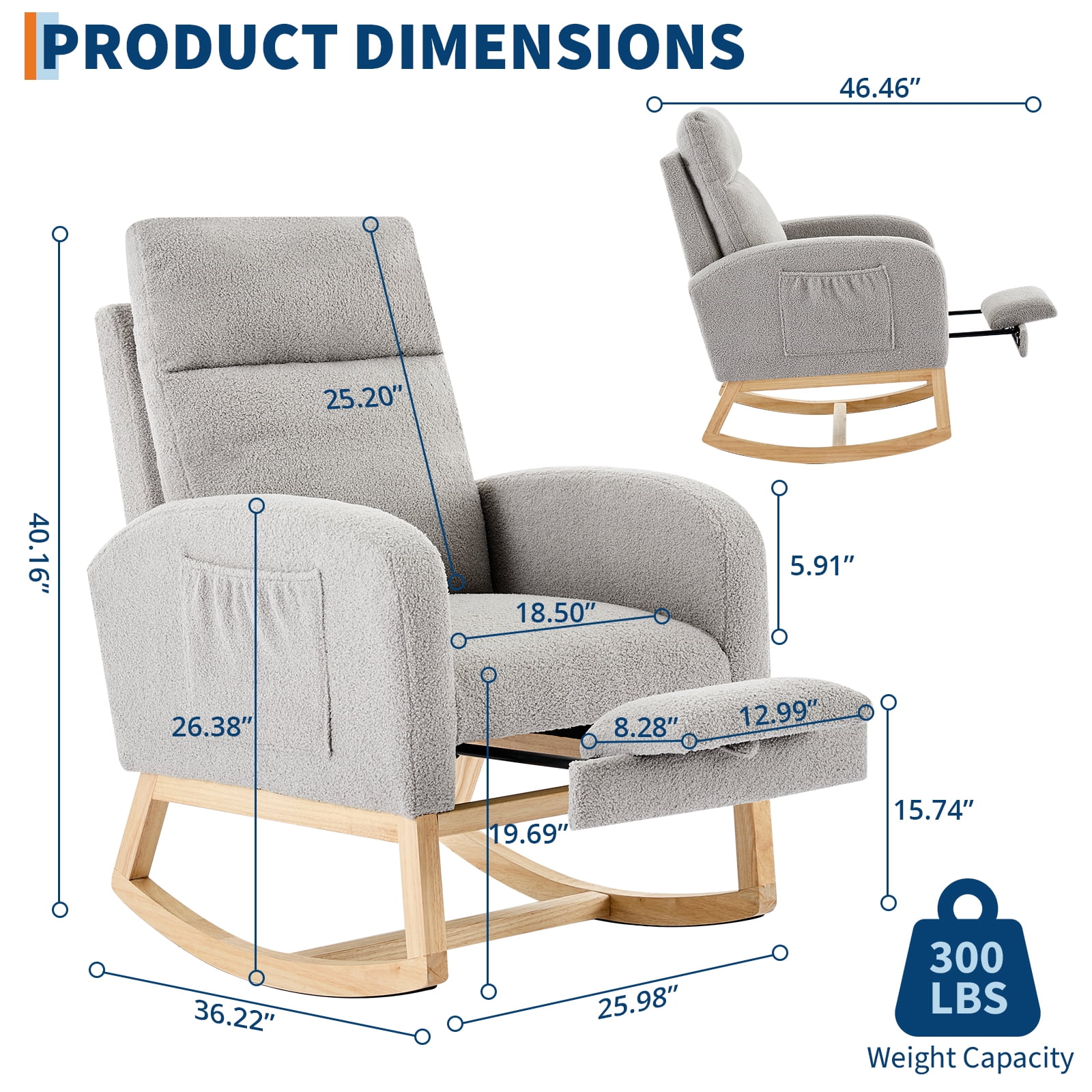 Rocking Chair Nursery Glider Chair with Foot Rest, Nursery Rocking Chairs with Rubber Wood Legs Side Pocket, High Back Nursing Chair, Accent Rocker Arm Chair Baby Bedroom, Living Room
