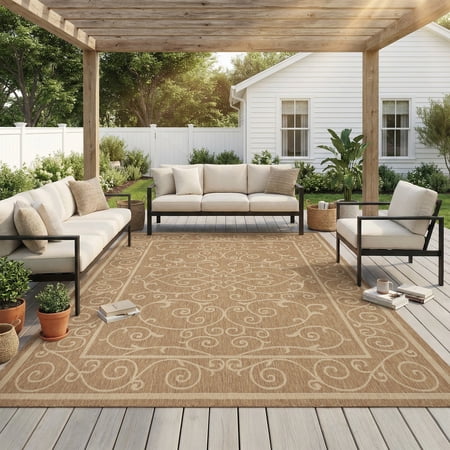 SIXHOME Outdoor Rugs 8'x10' Patio Rug Bohemian Floral Indoor Outdoor Rugs Polypropylene Washable Non Shedding, Easy Clean, Waterproof, Durable Outdoor Carpet for Porch Balcony Deck Neutral Brown
