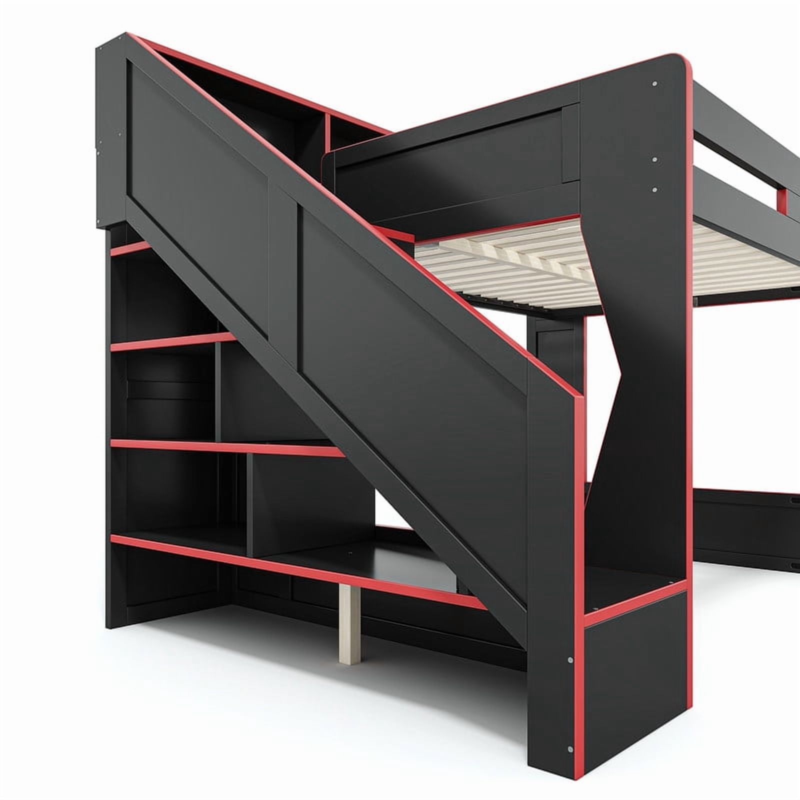 Queen Size Teens Gaming Bed Frame with Storage Stair & Open Headboard Shelves, Wood Loft Bed with LED Light & Power Outlet Desk